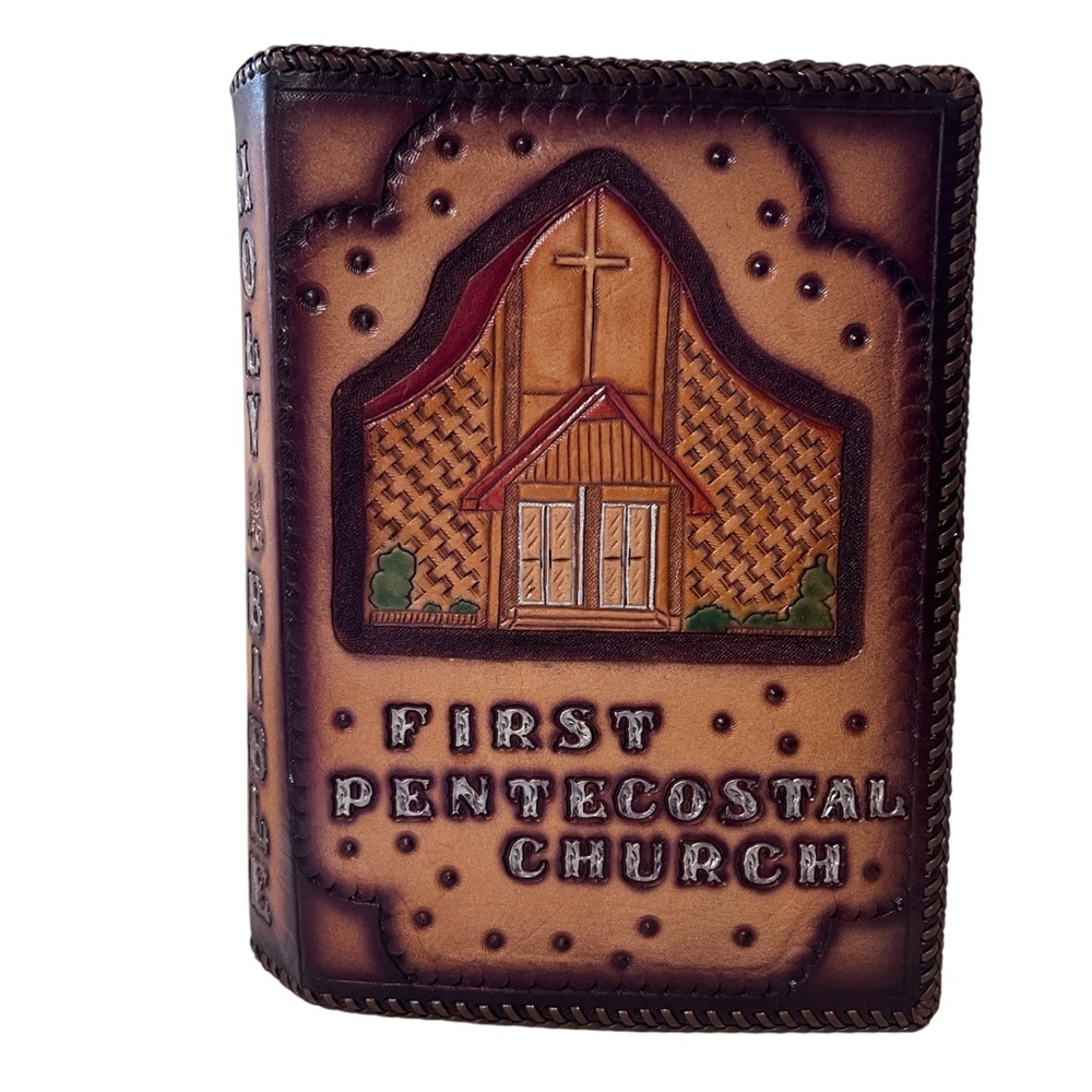 Brown Leather Bible Cover with Church Design